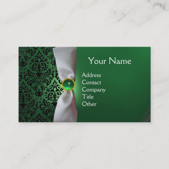 Carte De Visite DAMASK MONOGRAM ruban blanc noir vert (Devant)