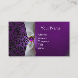 Carte De Visite DAMASK MONOGRAM ruban blanc noir violet