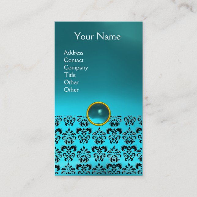Carte De Visite DAMASK MONOGRAMME gemme bleu aigue-marine (Devant)
