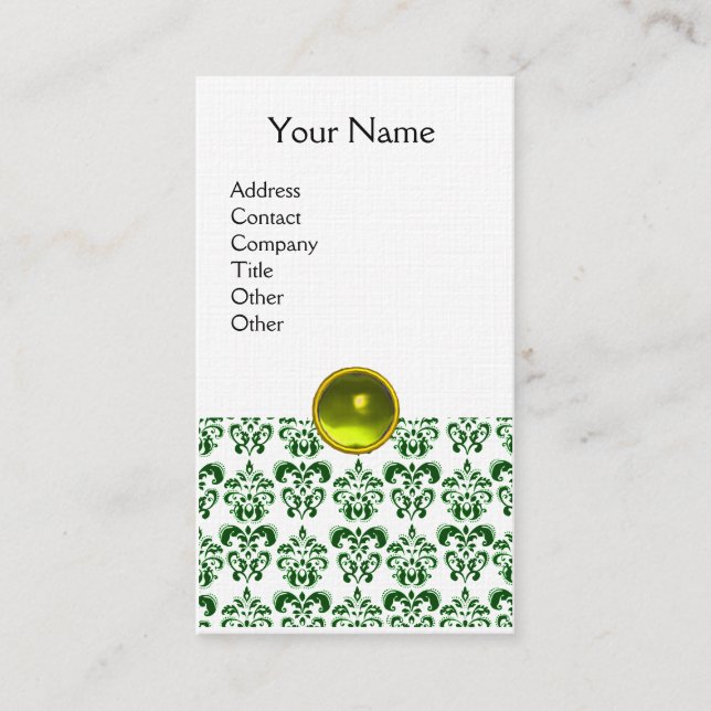 Carte De Visite DAMASK SOMBRE VERT MONOGRAM jonc jaune lin blanc (Devant)