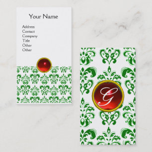 Carte De Visite DAMASK VERT MONOGRAMME gemme rouge rubis clair bla