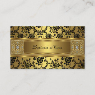 Carte De Visite Damassé Or Noir Élégant Classique Bijou Floral