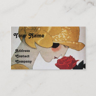 CARTE DE VISITE DAME AVEC ROSE ROUGE BEAUTY MODE COSTUME DESIGNER