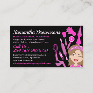Carte De Visite Dame de dessin animé Black Pink Boulangerie Gâteau