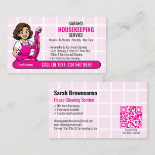 Carte De Visite Dame de nettoyage de dessin animé rose QR Entretie