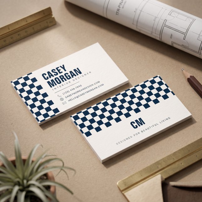 Carte De Visite Damier Bleu Marine Moderne (Simulated business cards on table)