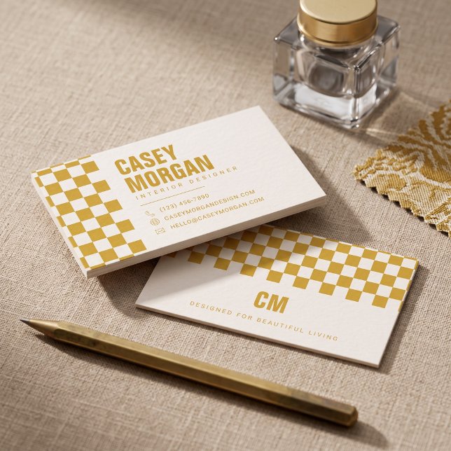Carte De Visite Damier jaune moutarde (Simulated business cards on table)