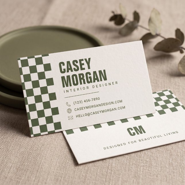 Carte De Visite Damier Moderne Vert Sauge (Simulated business cards on table)