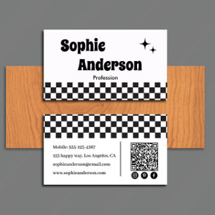 Carte De Visite Damier noir et blanc rétro avec code QR