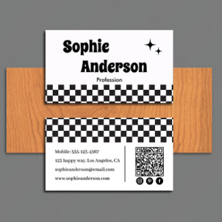 Carte De Visite Damier noir et blanc rétro avec code QR