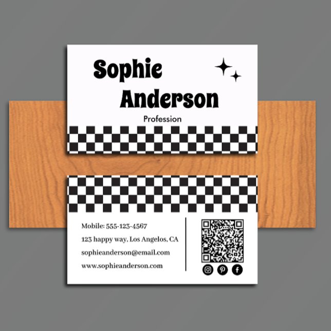 Carte De Visite Damier noir et blanc rétro avec code QR (Créateur téléchargé)