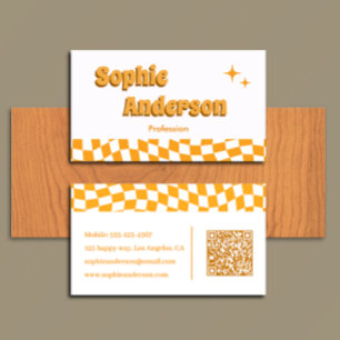 Carte De Visite Damier Orange Rétro avec Code QR