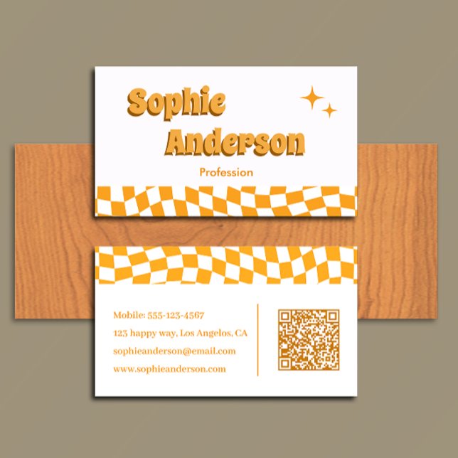 Carte De Visite Damier Orange Rétro avec Code QR (Créateur téléchargé)