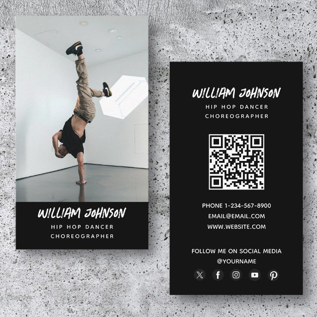 Carte De Visite Danseuse Hip hop Photo moderne Médias sociaux QR C (Hip Hop Dancer Modern Photo Social Media QR Code Business Card)