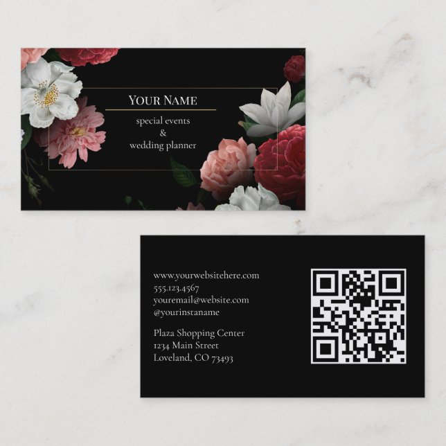 Carte De Visite Dark Floral event wedding planner (Devant / Derrière)