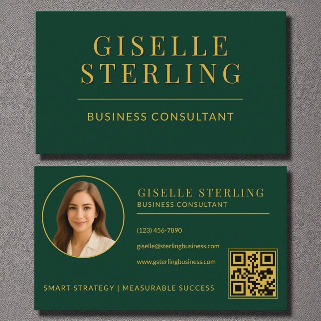 Carte De Visite Dark Green Gold Business Consultant Photo QR Code (Créateur téléchargé)