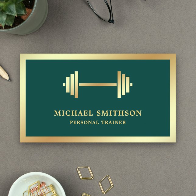 Carte De Visite Dark Green Gold Dumbbell Fitness Personal Trainer (Créateur téléchargé)