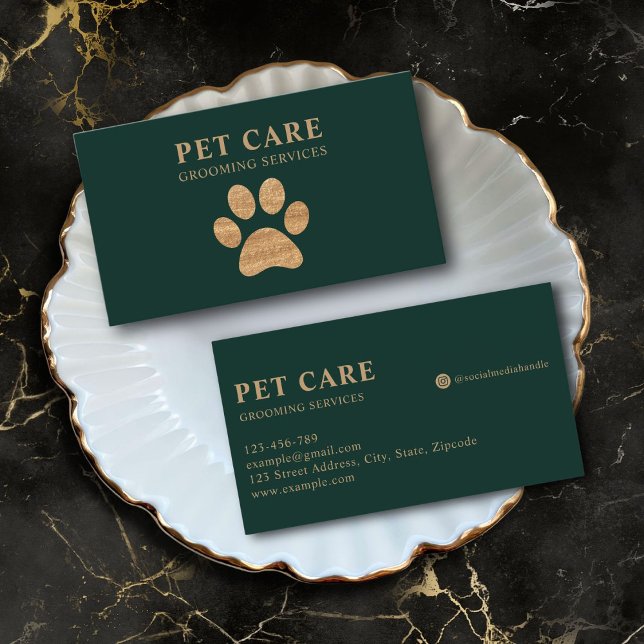 Carte De Visite Dark Green Modern Luxury Golden Paw Pet Grooming (deep green premium modern luxury professional pet grooming service business card with gold font)