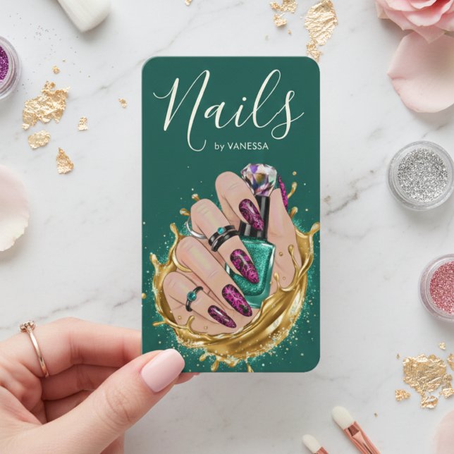 Carte De Visite Dark Green Nail Art Studio Manicurist Artist Chic (Créateur téléchargé)