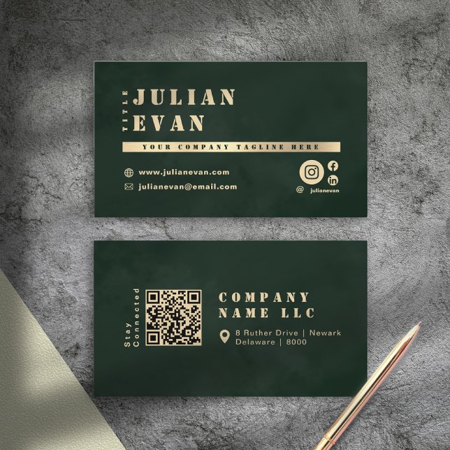 Carte De Visite Dark Green Shiny Gold Stencil Bold Typography (Dark Green Shiny Gold Stencil Bold Typography Business Card)