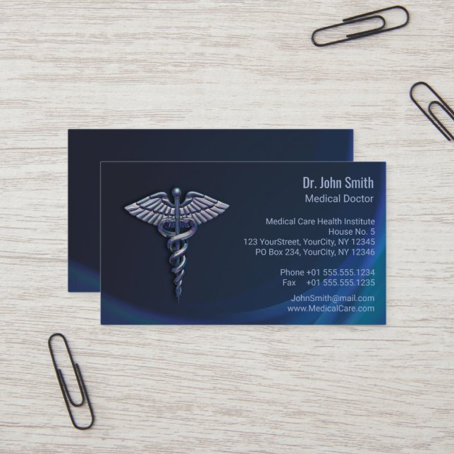 Carte De Visite Dark Holographic Chrome 3D Caduceus Médicale (Devant/Arrière en situation)