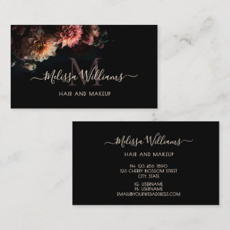 Carte De Visite Dark Moody Blush Flowers Monogram Black