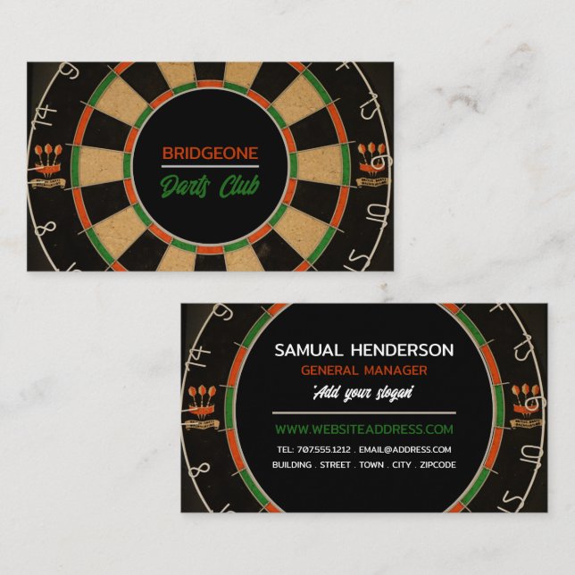 Carte De Visite Dartboard Design, Darts Club (Devant / Derrière)