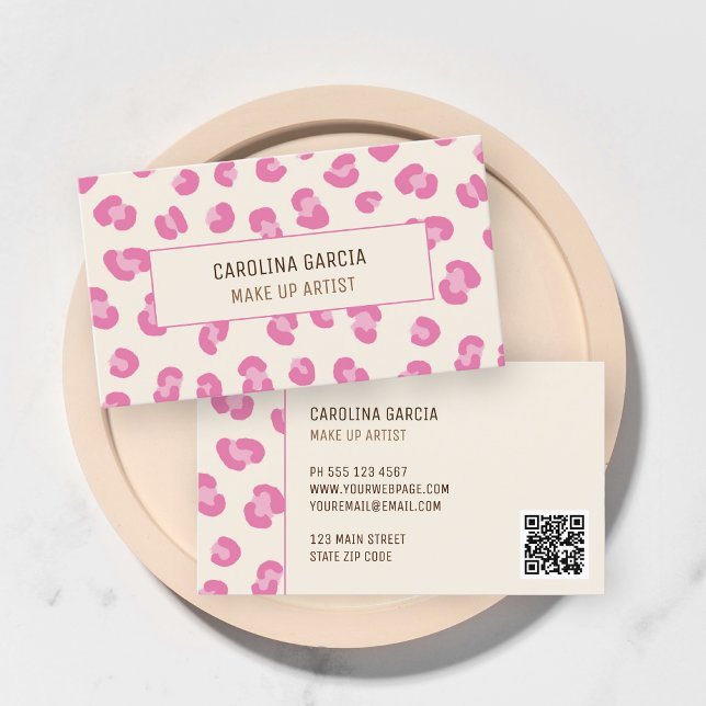 Carte de visite d'artiste maquilleuse rose moderne (Chic professional personalized blush pink leopard print makeup artist business card)