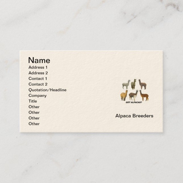 Carte de visite de Alpaca Breeder (Devant)