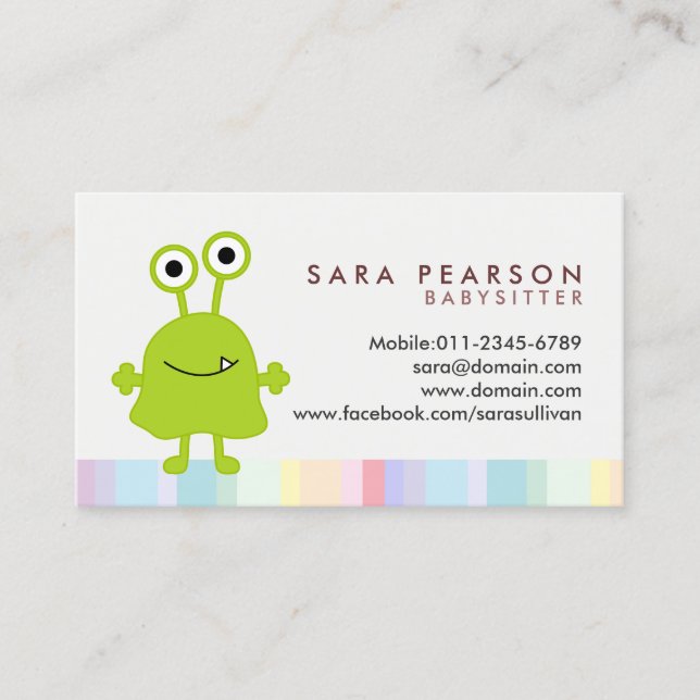Carte de visite de baby-sitter Cute Green Monster  (Devant)