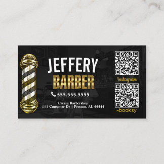 Carte de visite de barbier noir et or avec QR Code