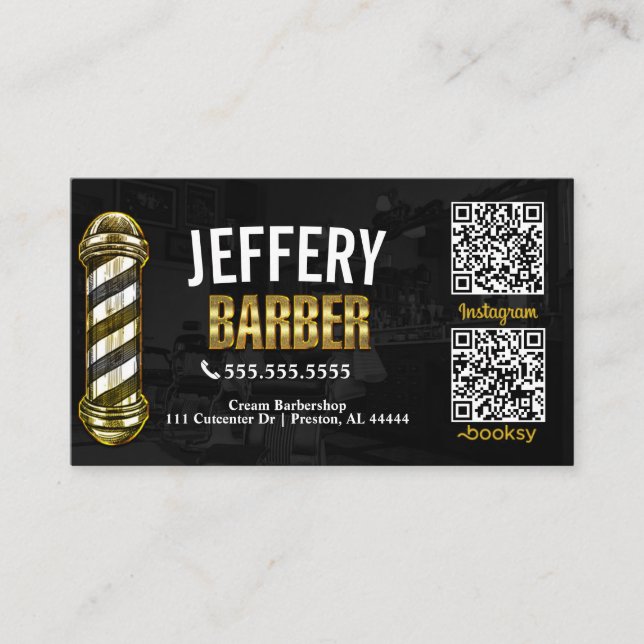 Carte de visite de barbier noir et or avec QR Code (Devant)