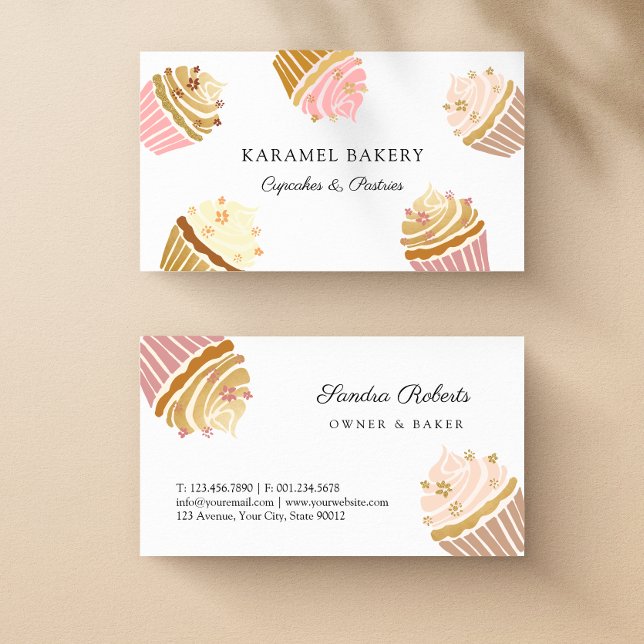 Carte de visite de boulangerie à gâteaux en or ros (Blush Pink and Gold Cupcakes Bakery Business Card)