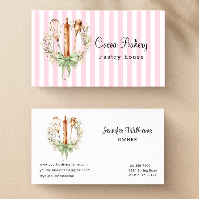 Carte de visite de boulangerie à ustensiles de cui (Watercolor Pink Stripe and Floral Utensils cooking Business Card)