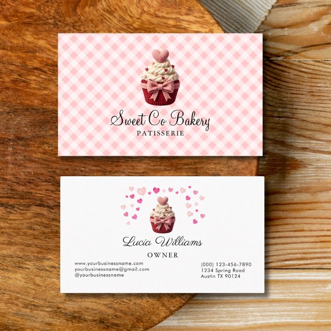 Carte de visite de boulangerie Cupcake Faux Croche (Faux Crochet Valentine Cupcake bakery Business Card)
