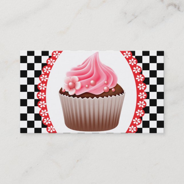 Carte de visite de boulangerie Cupcake Rose Damier (Devant)
