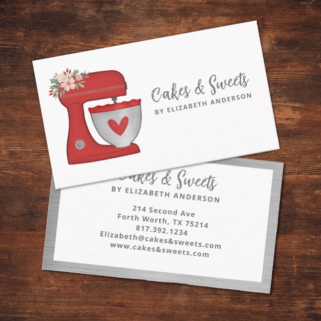 Carte de visite de boulangerie Mélangeur de gâteau (A cute red floral mixer business card. Personalize it with your name and business info.)