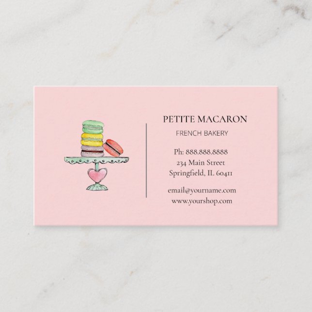 Carte de visite de boulangerie rose Macarons aquar (Devant)