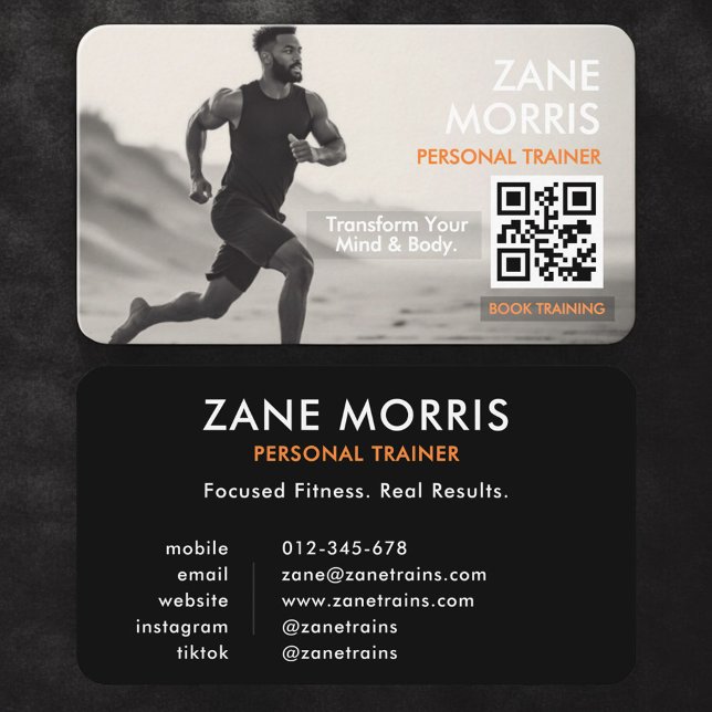 Carte de visite de coach sportif QR Code noir et b (Créateur téléchargé)