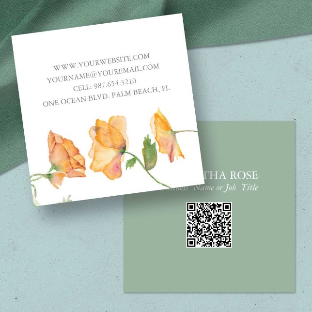 Carte de visite de code QR - Aquarelle Florale (unique business cards botanical QR code watercolor orange poppies flowers)