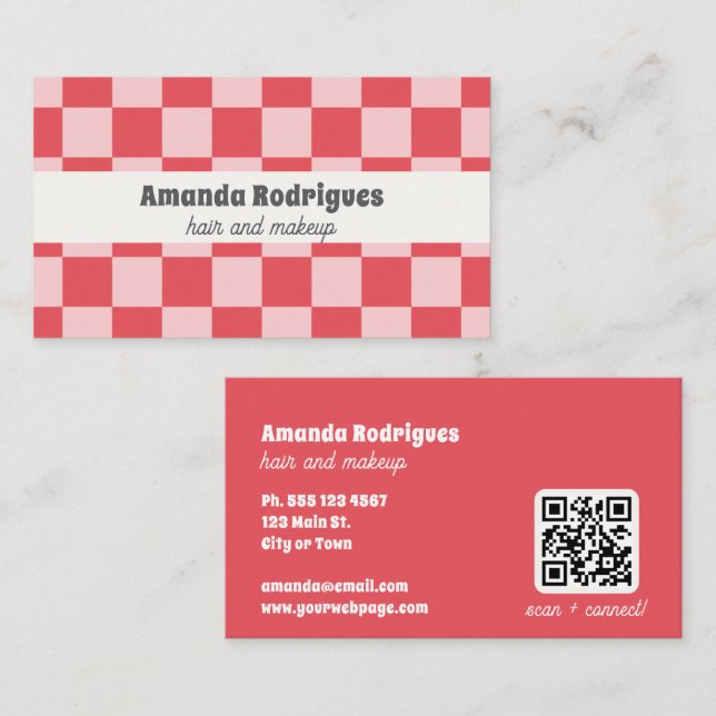 Carte de visite de coiffeur à code QR à carreaux r (Devant / Derrière)