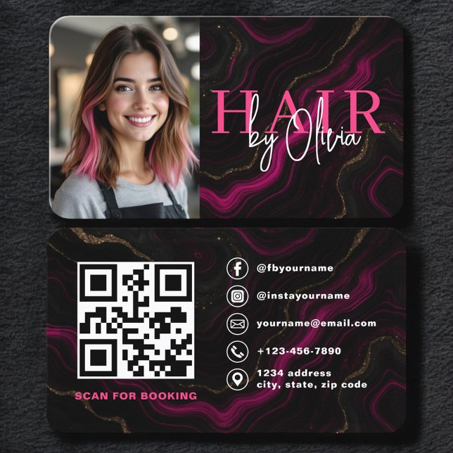 Carte de visite de coiffeur Black Pink avec code Q (Créateur téléchargé)