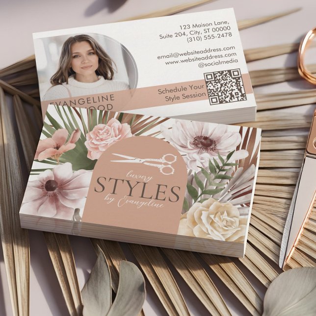 Carte de visite de coiffeur Floral Aquarelle Bohèm (Boho Watercolor Floral Hair Stylist Beauty Salon Business Card)