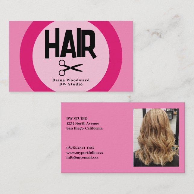 Carte de visite de coiffeur rose photo (Devant / Derrière)