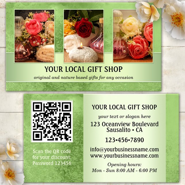 Carte de visite de commerce de détail local avec c (Elegant business card featuring your photos (optional) framed by a green design - with QR code )