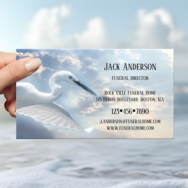 Carte de visite de directeur de funérailles Sky He (Business card with a blue heron against a lightly clouded sky - undertaker - funeral - embalmer)
