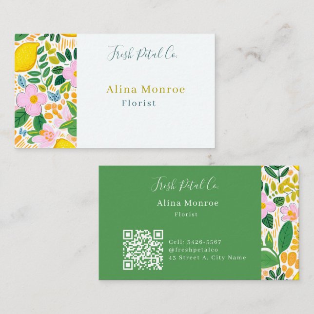 Carte de visite de fleuriste florale au citron fra (Devant / Derrière)
