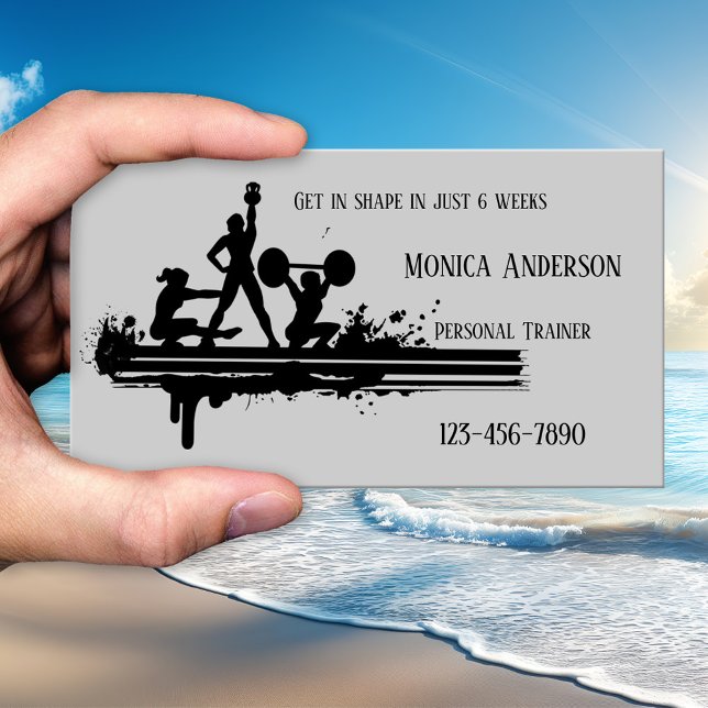 Carte de visite de formation personnel Black Grey (Business card featuring a silhouette of weight training on simple grey - fitness - coach - sports)
