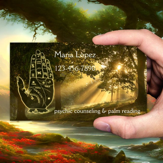 Carte de visite de la liseuse de paume de la forêt (Business card featuring a magical forest with a hand palm outline. Great for a palm reader, psychic)