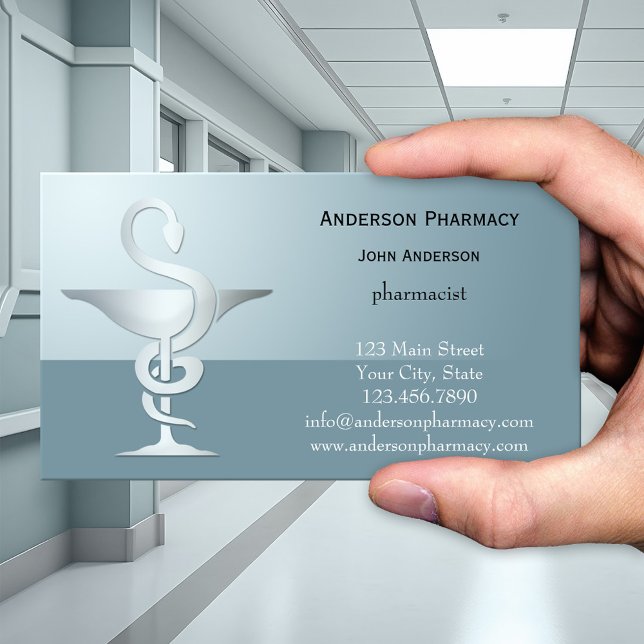 Carte de visite de la pharmacie Silver Caduceus (Modern pharmaceutical themed business card in pale teal blue with a silver caduceus - pharmacy)